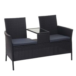 Polyrattan haveb�nk med bord - sort 2 personers havesofa 132 cm