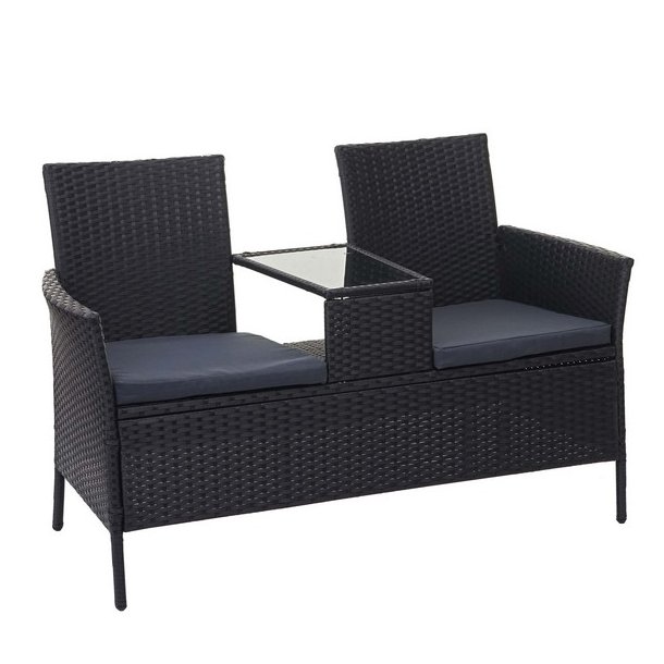 Polyrattan haveb�nk med bord - sort 2 personers havesofa 132 cm