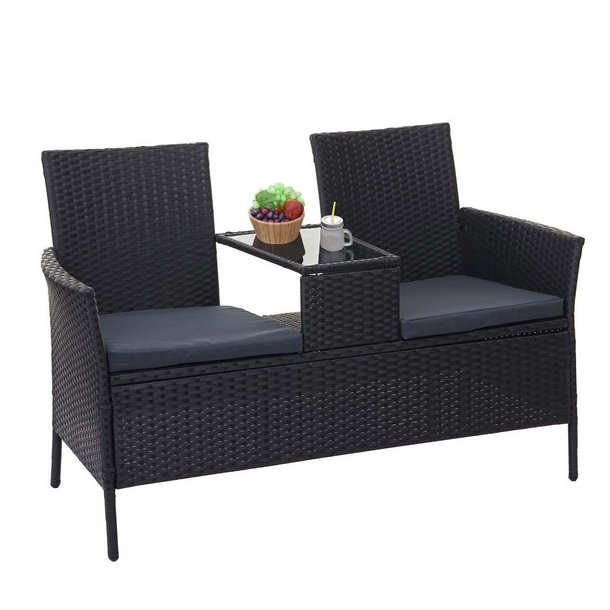 Polyrattan haveb�nk med bord - sort 2 personers havesofa 132 cm