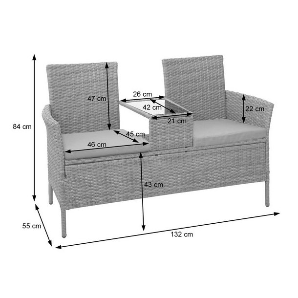Polyrattan haveb�nk med bord - sort 2 personers havesofa 132 cm