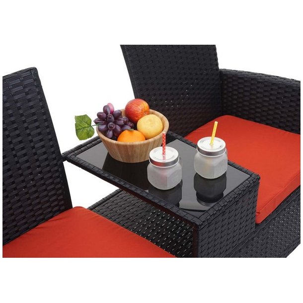 Polyrattan haveb�nk med bord - sort 2 personers havesofa 132 cm