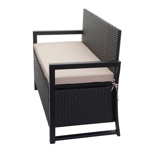 Havebnk og hyndeboks - sort polyrattan med beige hynde - 2 personer