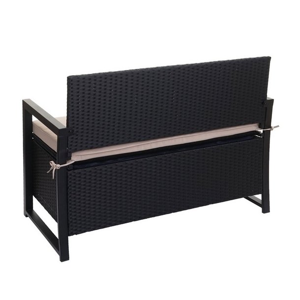 Havebnk og hyndeboks - sort polyrattan med beige hynde - 2 personer