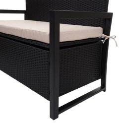 Havebnk og hyndeboks - sort polyrattan med beige hynde - 2 personer