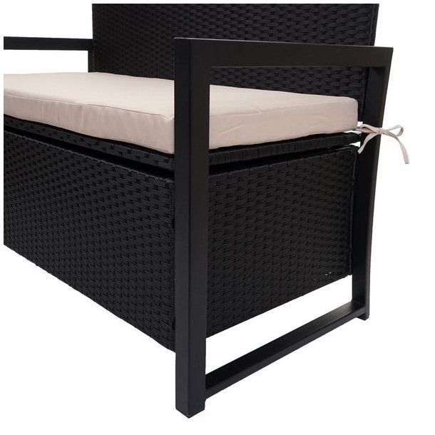 Havebnk og hyndeboks - sort polyrattan med beige hynde - 2 personer