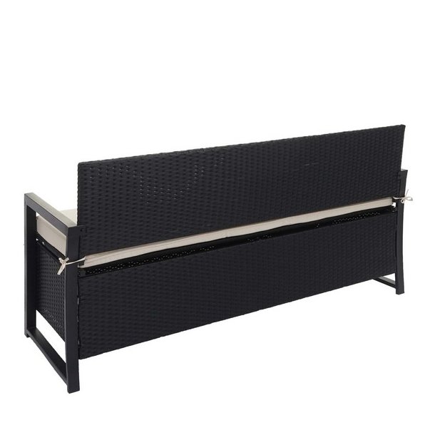 Havebnk og hyndeboks - sort polyrattan med creme hynde - 3 personer
