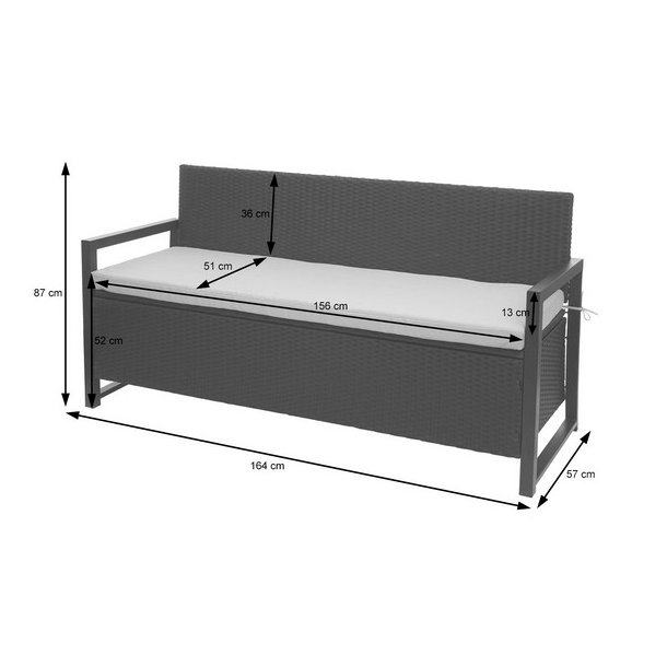 Havebnk og hyndeboks - sort polyrattan med creme hynde - 3 personer