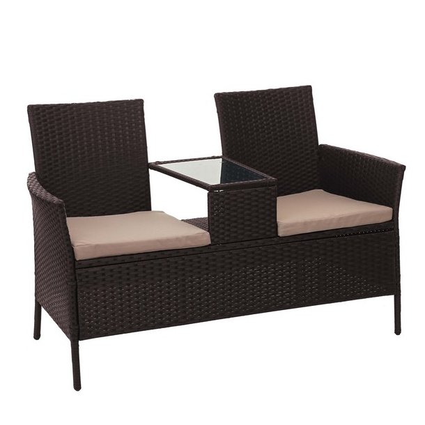 Polyrattan havebnk med bord - brun 2 personers havesofa 132 cm