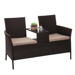 Polyrattan havebnk med bord - brun 2 personers havesofa 132 cm