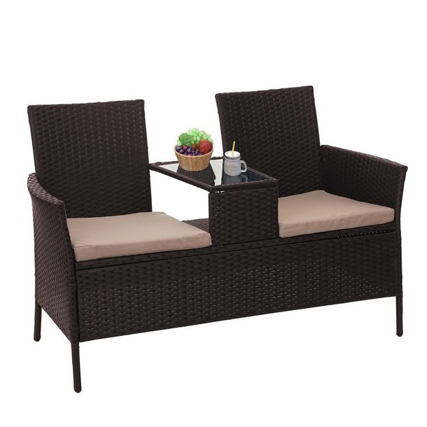 Polyrattan havebnk med bord - brun 2 personers havesofa 132 cm