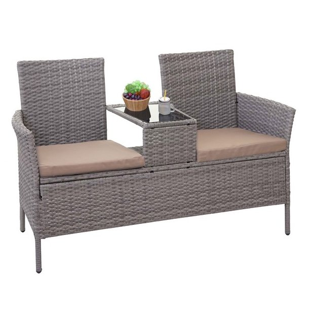 Polyrattan havebnk med bord - gr 2 personers havesofa 132 cm