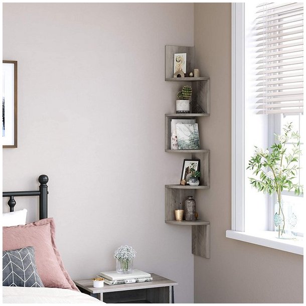 Hjrnereol - vghngt bogreol med 5 hylder - gr beige reol