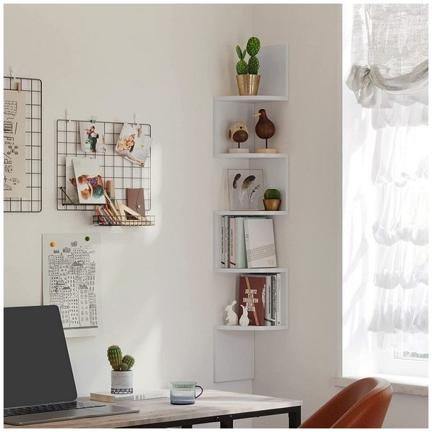 Hjrnereol - vghngt bogreol med 5 hylder - hvid reol