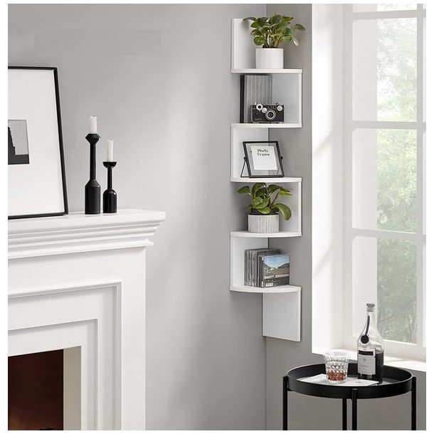 Hjrnereol - vghngt bogreol med 5 hylder - hvid reol