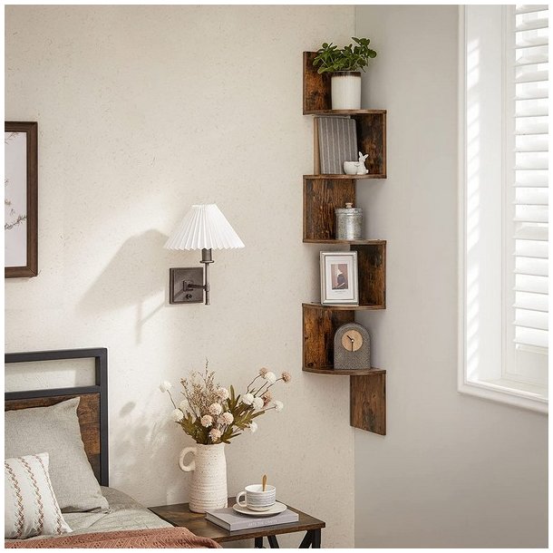 Hjrnereol - vghngt bogreol med 5 hylder - rustik brun reol