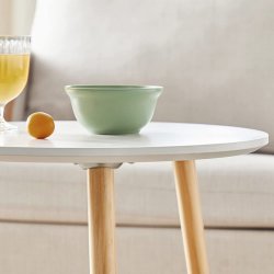 Indskudsborde - 2 runde sideborde - hvid/brun sofabordss�t