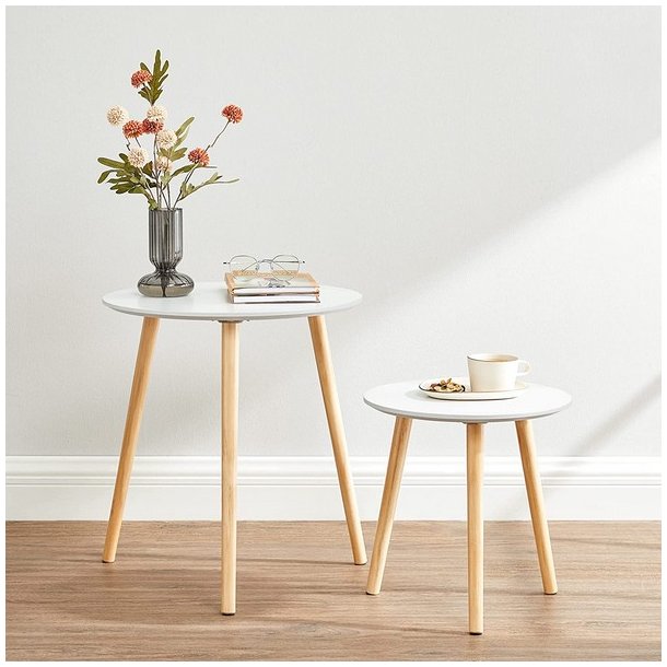 Indskudsborde - 2 runde sideborde - hvid/brun sofabordss�t