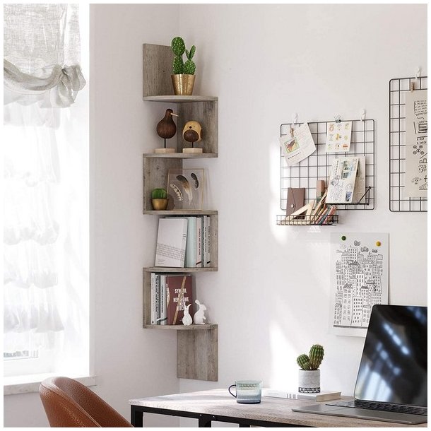 Hjrnereol - vghngt bogreol med 5 hylder - gr beige reol