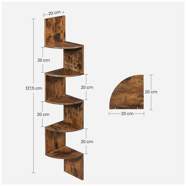 Hjrnereol - vghngt bogreol med 5 hylder - rustik brun reol
