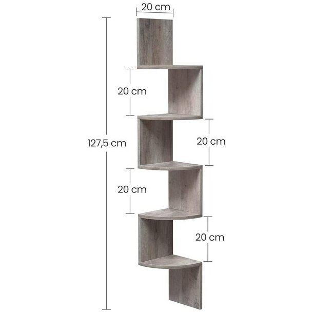 Hjrnereol - vghngt bogreol med 5 hylder - gr beige reol