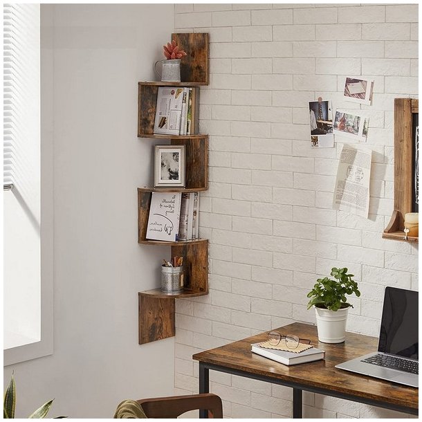 Hjrnereol - vghngt bogreol med 5 hylder - rustik brun reol