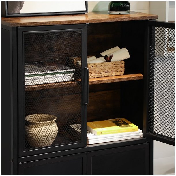 Sk�nk - h�j kommode - rustik brun tr� og sort st�l - 70x33x100