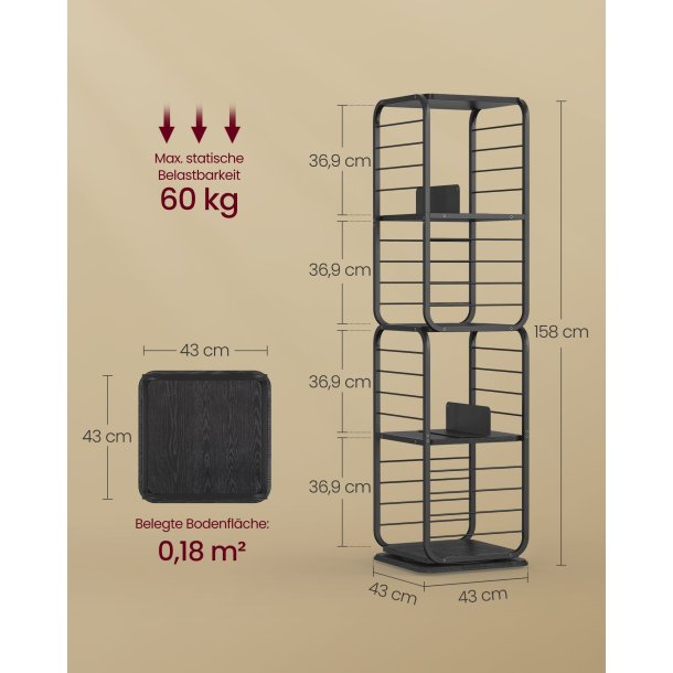 Reol - 360� roterbar bogreol - sort gulvreol - 43 x 43 x 158