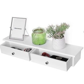 V�ghylde - hvid hylde i tr� med 2 skuffer - 65 x 15 x 10 cm