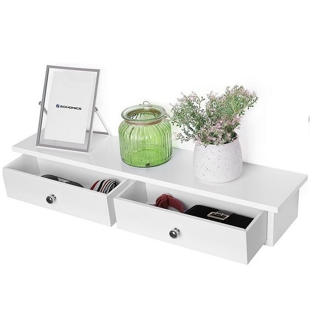 V�ghylde - hvid hylde i tr� med 2 skuffer - 65 x 15 x 10 cm