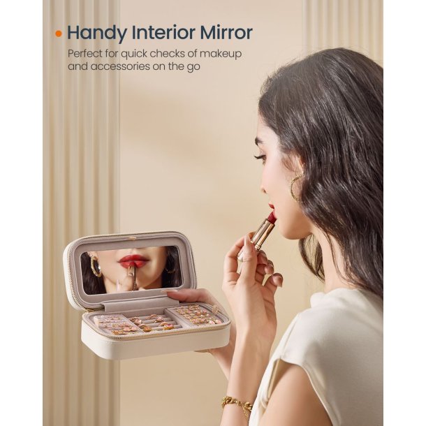 Smykkeskrin med spejl - kompakt rejseskrin til smykker - hvid