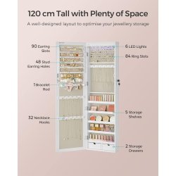 Smykkeskab med LED-lys - spejlskab til d�r og v�g - hvid