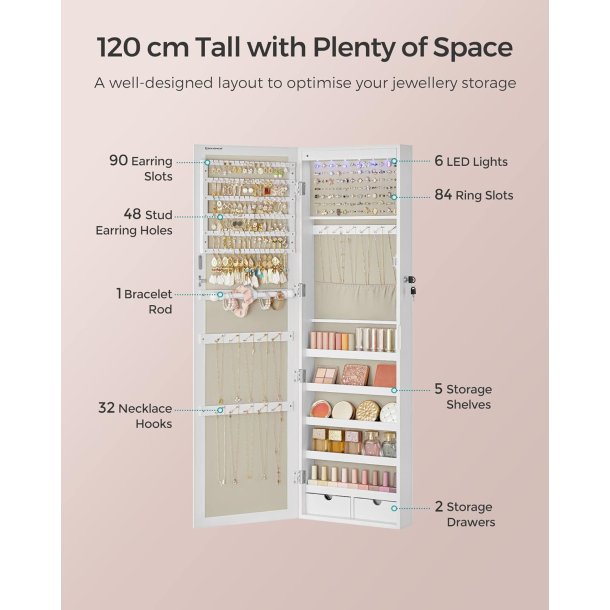 Smykkeskab med LED-lys - spejlskab til d�r og v�g - hvid