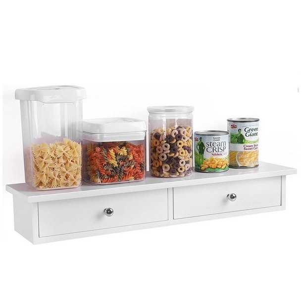 V�ghylde - hvid hylde i tr� med 2 skuffer - 65 x 15 x 10 cm