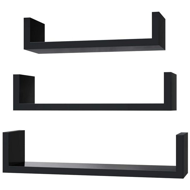 Hylder i tr� - 3 v�gh�ngte sv�vende tr�hylder - sorte v�ghylder