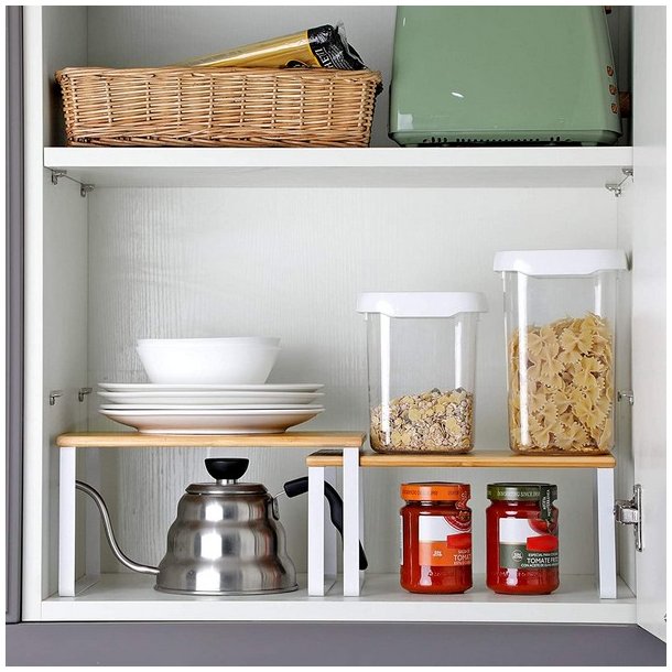 Hylder til bord - s�t med 2 stabelbare k�kkenhylder - bambus