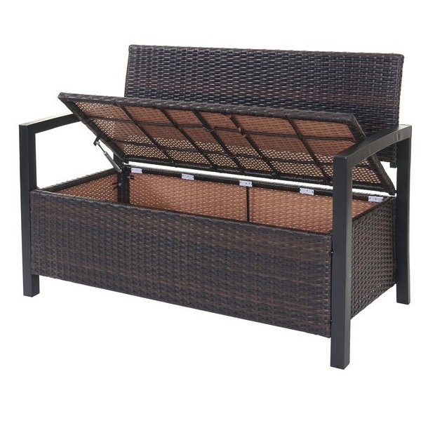 Haveb�nk og hyndeboks - brun polyrattan med creme hynde