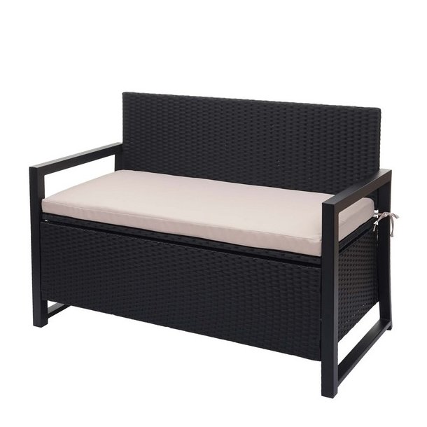 Havebnk og hyndeboks - sort polyrattan med beige hynde - 2 personer