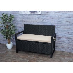 Havebnk og hyndeboks - sort polyrattan med beige hynde - 2 personer