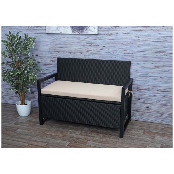 Havebnk og hyndeboks - sort polyrattan med beige hynde - 2 personer