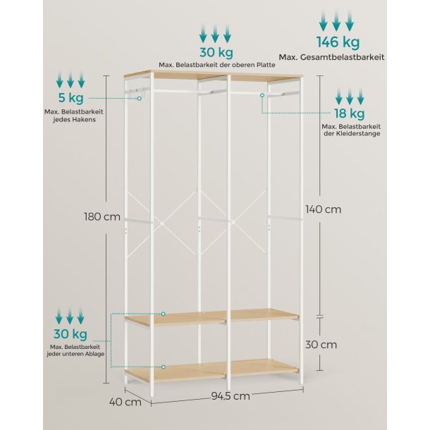 �ben garderobe - �ben t�jstativ - kl�deskab - hvid 40x94,5x180