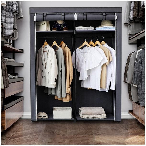 Kl�deskab med stofsider - gr� garderobeskab og t�jskab - 174 cm