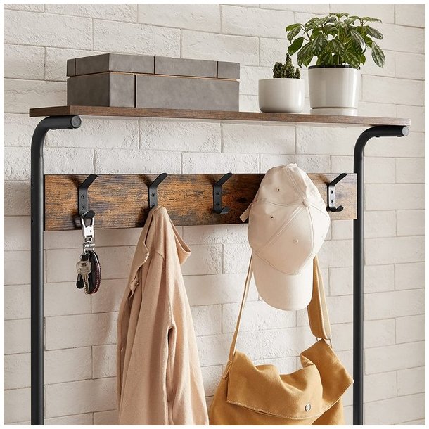 Garderobestativ med knagerkke og 4 skohylder - rustik brun