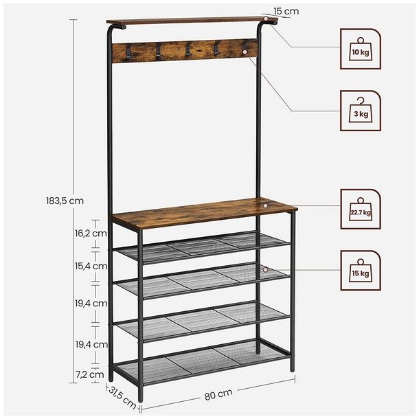 Garderobestativ med knagerkke og 4 skohylder - rustik brun