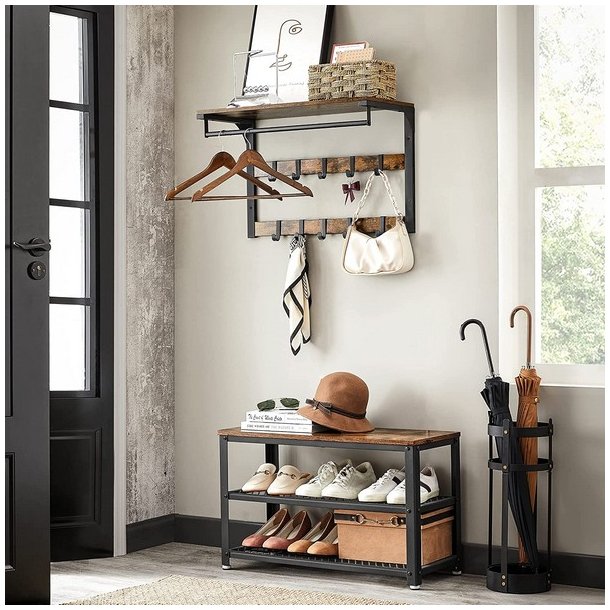 Knagerkke med bjlestang og hattehylde 80x30 cm - rustik brun