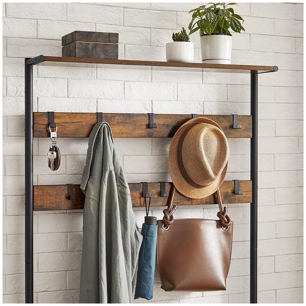 Garderobestativ med knager�kker, siddeb�nk og skohylder - brun