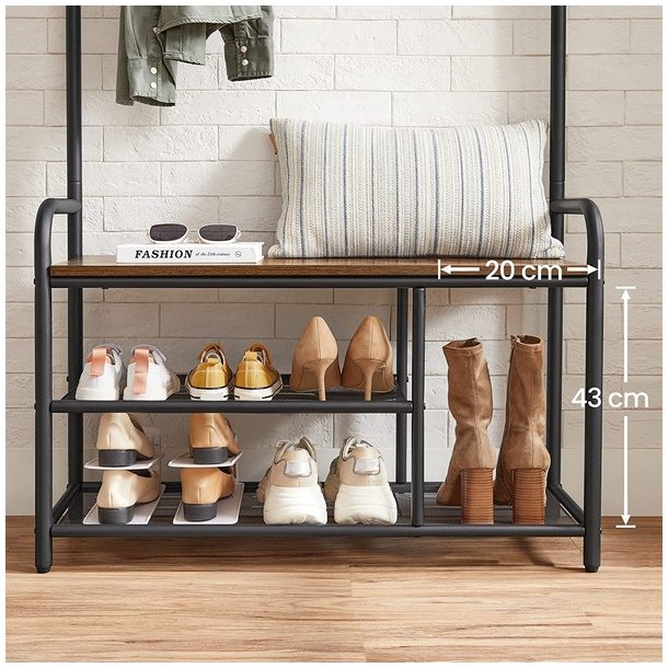 Garderobestativ med knager�kker, siddeb�nk og skohylder - brun