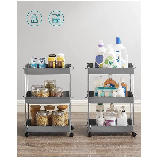 Rullevogn - gr� opbevaringsvogn med 3 hylder 40 x 22 x 60