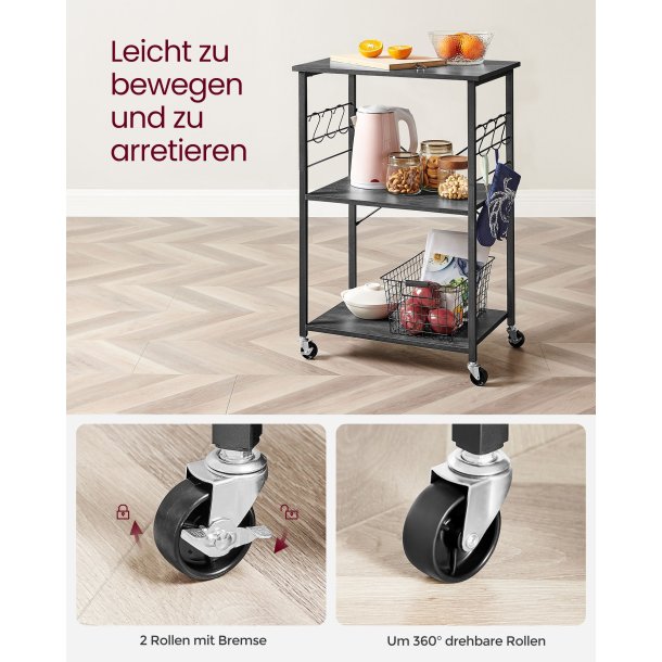 Rullebord med 3 hylder - k�kkenvogn - sort 60x40x89