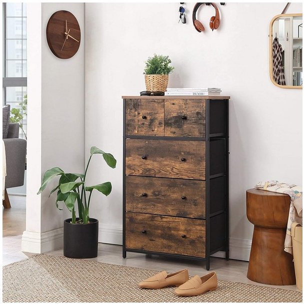 Kommode med 5 stofskuffer i industrielt design - rustik brun