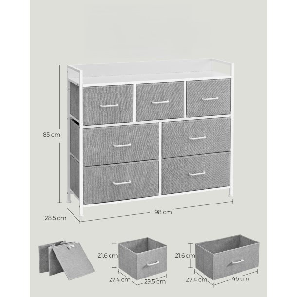 Kommode med 7 skuffer - hvid og gr� - 98 x 28,5 x 85